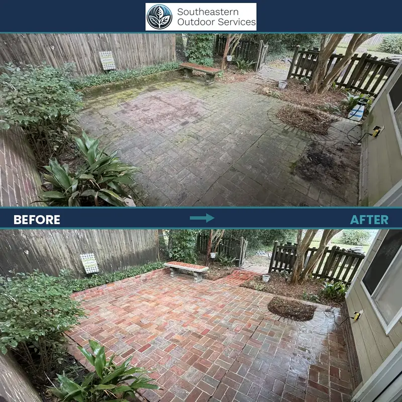 Brick patio before and after pressure washing